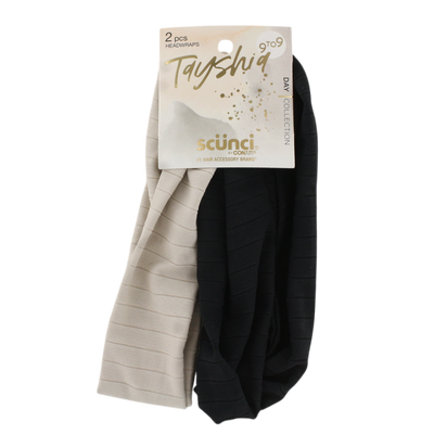Scunci Tayshia 2-Pack Twist Headwraps – Soft Stretch Fabric Hair Bands – Black & Beige Neutral Set – No-Slip Comfortable Fit for All-Day Wear – 9to9 Day Collection by Conair