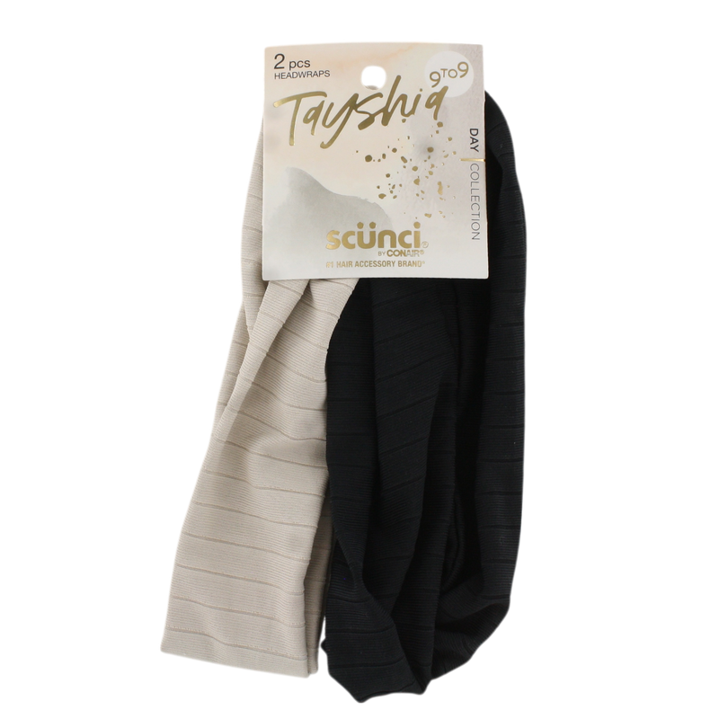 Scunci Tayshia 2-Pack Twist Headwraps – Soft Stretch Fabric Hair Bands – Black & Beige Neutral Set – No-Slip Comfortable Fit for All-Day Wear – 9to9 Day Collection by Conair