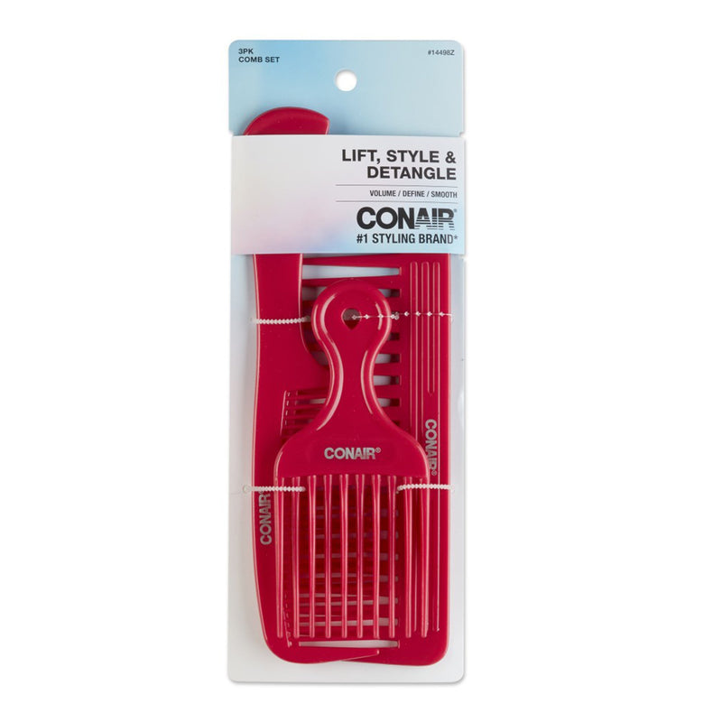 Conair Lift, Style & Detangle Hair Comb Set, Colors Will Vary, 3-Piece Set