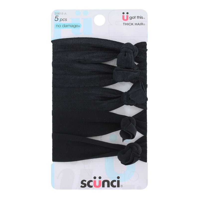 Scunci No-Damage Thick Hair Knotted Flat Ponytailers, Black, 5-Count