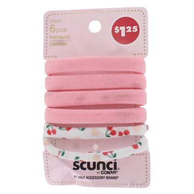 Scunci Ponytailers – Soft Pink & Cherry Print Hair Elastics for Girls, No-Damage Hold, 6-Pack