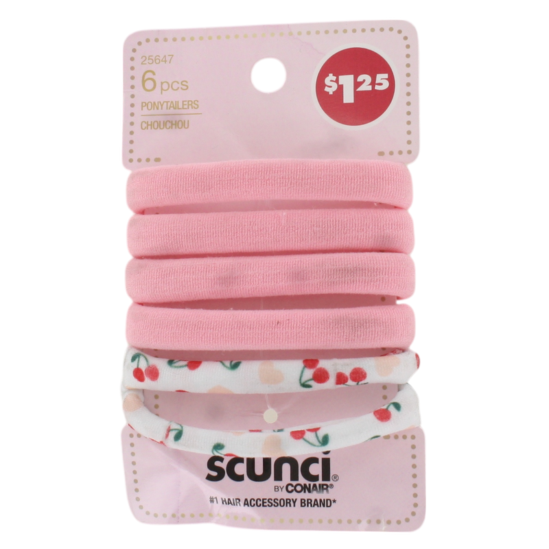 Scunci Ponytailers – Soft Pink & Cherry Print Hair Elastics for Girls, No-Damage Hold, 6-Pack