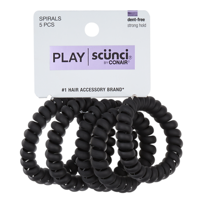 Scunci Play Dent-Free Strong Hold Core Silicone Spirals, Matte Black, 5-Count