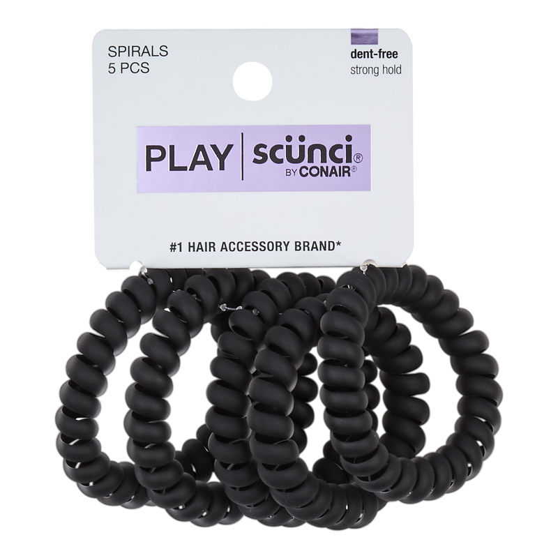 Scunci Play Dent-Free Strong Hold Core Silicone Spirals, Matte Black, 5-Count