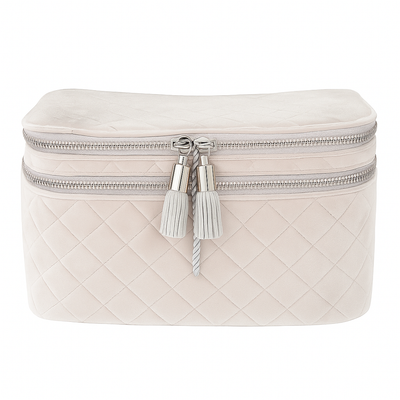 Tartan + Twine Quilted Double Zipper Cosmetic Case – Elegant Velvet Travel Makeup Organizer with Dual Compartments & Tassel Pulls, Gray