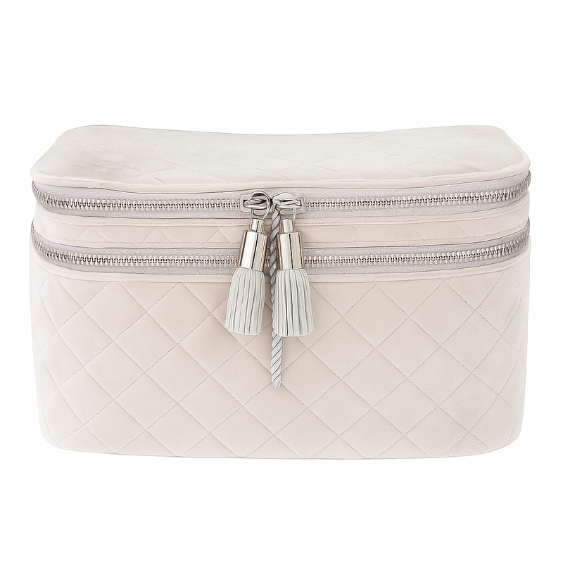 Tartan + Twine Quilted Double Zipper Cosmetic Case – Elegant Velvet Travel Makeup Organizer with Dual Compartments & Tassel Pulls, Gray
