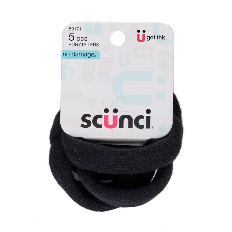 Scunci No Damage Cloth Ponytailers, Black, 5-Count – Soft, Stretchy, Tangle-Free Hair Ties for All Hair Types