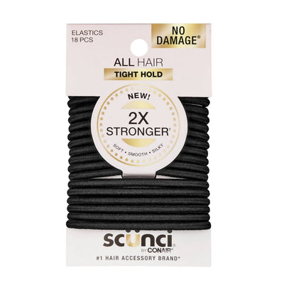 Scunci No Damage All Hair Tight Hold 2X Stronger Elastic Hair Ties, 4mm, Black, 18-Pieces