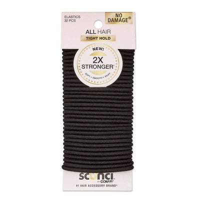 Scunci No Damage All Hair Tight Hold 2X Stronger Elastic Hair Ties, 4mm, Black, 32-Pieces