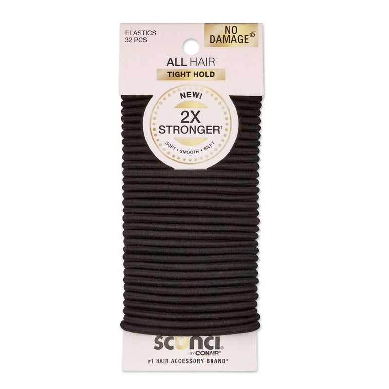 Scunci No Damage All Hair Tight Hold 2X Stronger Elastic Hair Ties, 4mm, Black, 32-Pieces
