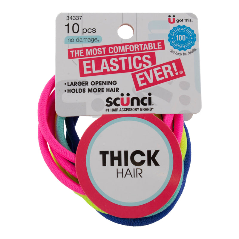 Scunci No-Damage Thick Hair Elastics, Assorted Neon Colors, 10-Count