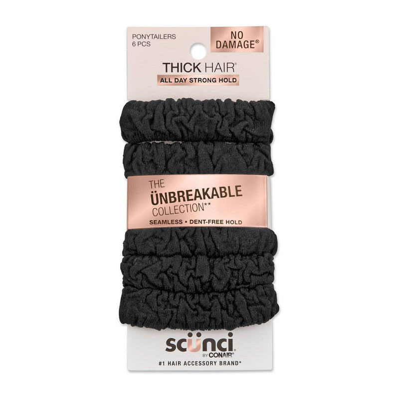 Scunci The Unbreakable Collection Ruched Comfy Elastic Hair Tie Ponytailers - Black - Thick Hair - 6-Count