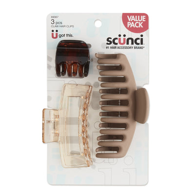 Scunci Jaw/Claw Clips in Assorted Shapes, Sizes & Neutral Colors, 3-Pieces