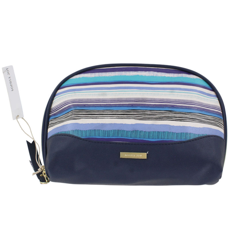 Sophia Joy Medium Round Top Travel Organizer Makeup Bag – Striped Cosmetic Toiletry Pouch with Zipper Closure, Spacious Interior, Stylish Travel Beauty Case for Women & Girls