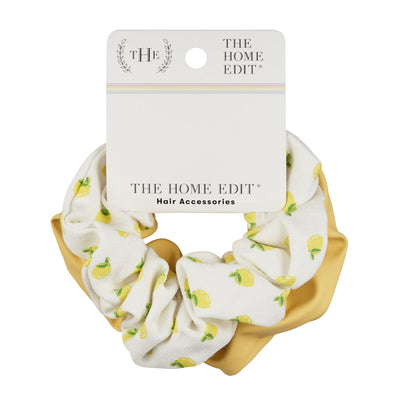 The Home Edit Faux Leather Scrunchie Hair Ties, Yellow and Lemon Print, 2-Count