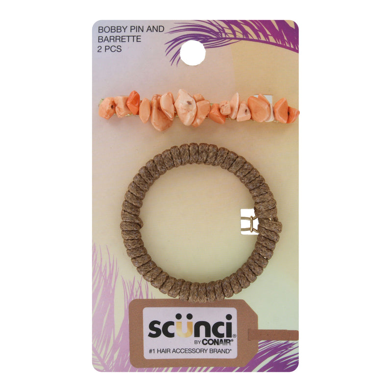 Scunci by Conair Bobby Pin and Barrette Set, 2-Piece, Natural Stone Design and Woven Elastic Accent, Secure Hold for All Hair Types