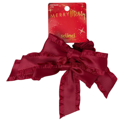 Scunci Merry Ruffled Burgundy Luxe Bow Ponytailers, 2-Count