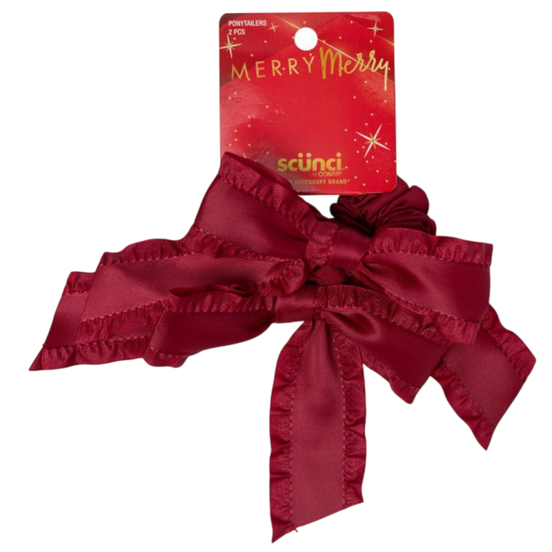 Scunci Merry Ruffled Burgundy Luxe Bow Ponytailers, 2-Count
