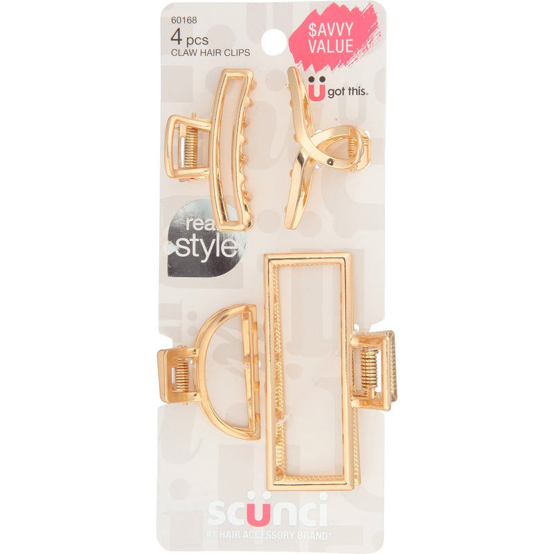 Scunci Real Style Savvy Value Pack Metal Hair Claw Clips, Gold, Assorted Sizes, 3-Pieces