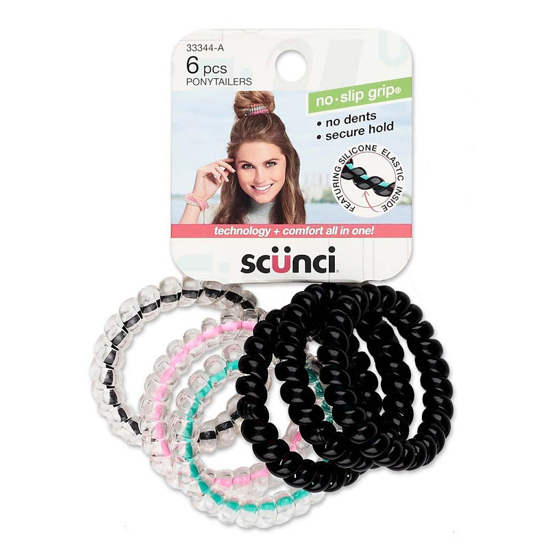 Scunci No-Slip Grip Spiral Ponytailer with Silicone Elastic Inside, Assorted Colors, 6-Pieces