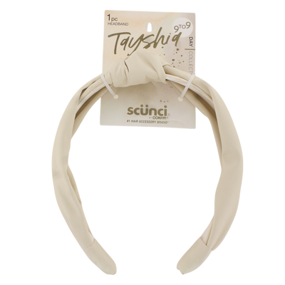 Scunci Tayshia 9to9 Day Collection Headband – 1-Pack Knot Faux Leather Design – Beige Padded Fashion Hairband for All Hair Types – No-Slip, Comfortable Fit for Work, Events, or Everyday Wear