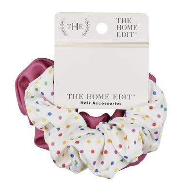 The Home Edit Faux Leather and Satin Scrunchie Hair Ties, Pink and Rainbow Polka Dot, 2-Count