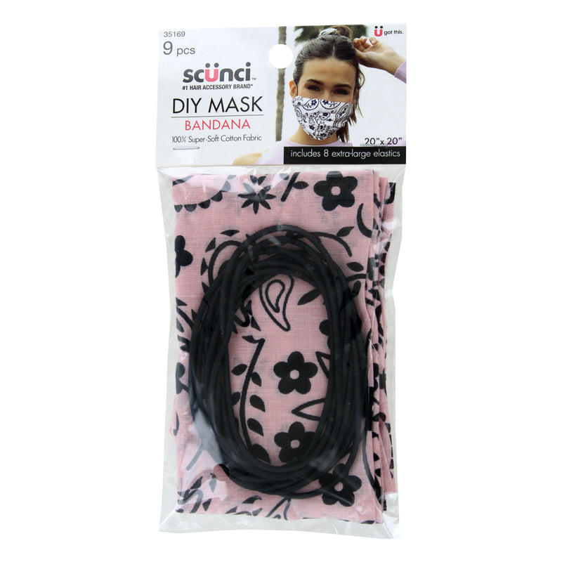 Scunci Super-Soft Cotton DIY Mask Bandana with 8 Extra Large Hair Elastics, Pink or White
