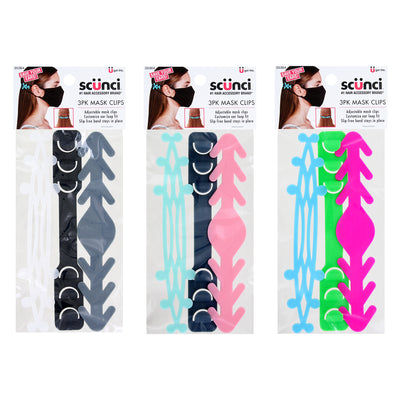 Scunci Adjustable Slip-Free Face Mask Clips, Assorted Colors, 3-Pack