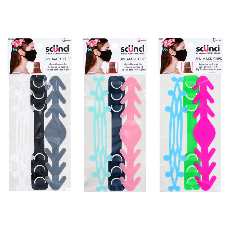 Scunci Adjustable Slip-Free Face Mask Clips, Assorted Colors, 3-Pack