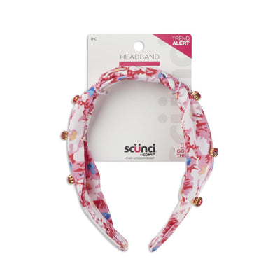 Scunci Floral Satin Headband with Gemstone Embellishments, Pink and Blue, 1-Piece