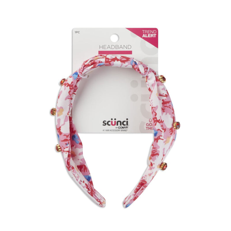 Scunci Floral Satin Headband with Gemstone Embellishments, Pink and Blue, 1-Piece