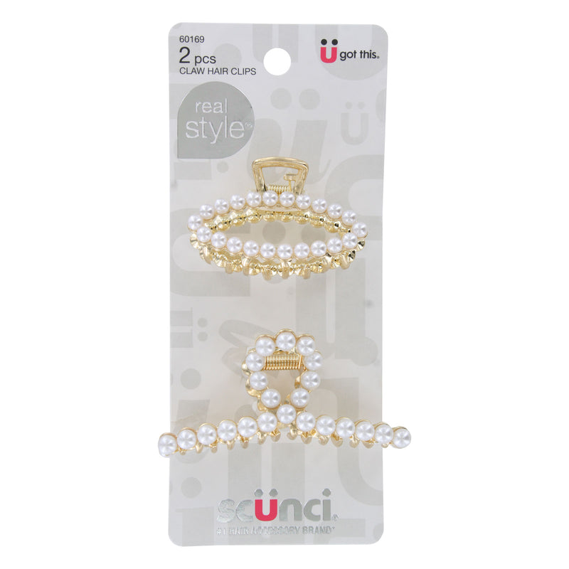 Scunci Real Style Gold and Pearl Claw Hair Clips, Assorted Styles, 2-Count