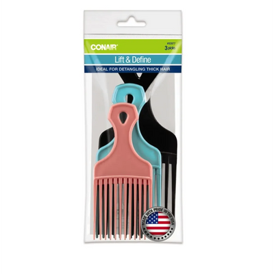 Conair Lift and Define Hair Pick Combs, Assorted Colors, 3 Pack
