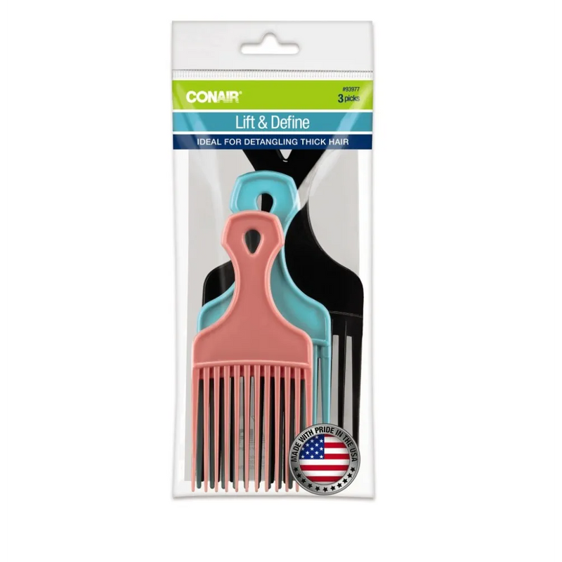 Conair Lift and Define Hair Pick Combs, Assorted Colors, 3 Pack