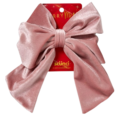 Scunci Merry Merry Velvet Pink Bow Hair Barrette – 1 Count, Soft Fabric, Secure Metal Clip
