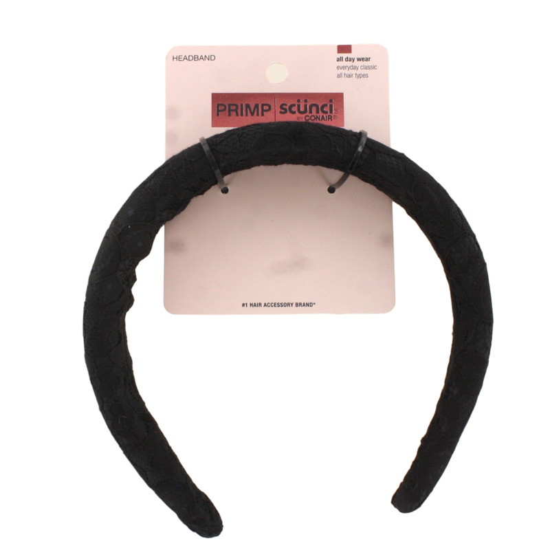 Scunci Primp by Conair Black Lace Padded Headband – Stylish & Comfortable Hair Accessory for All-Day Wear