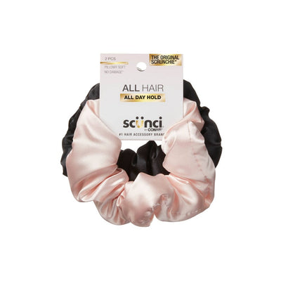 Scunci Pillowy Soft No Damage All Hair All Day Hold Scrunchies, Pink/Black, 2-Pieces