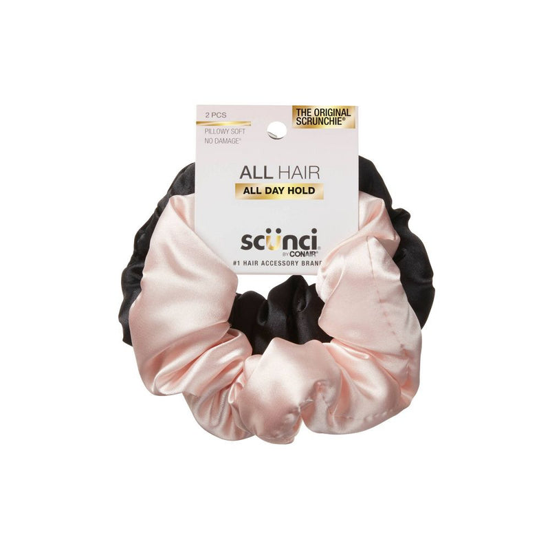 Scunci Pillowy Soft No Damage All Hair All Day Hold Scrunchies, Pink/Black, 2-Pieces