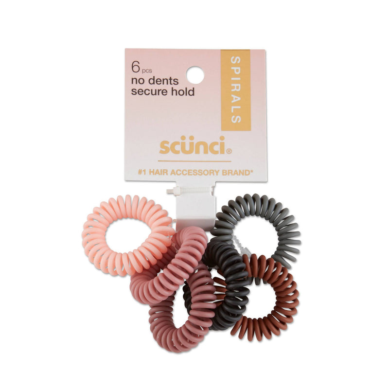 Scunci Basics Spiral Hair Ties Matte - Pink/Brown/Black/Gray, 6-Pieces
