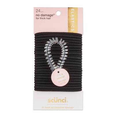 Scunci Thick Hair Elastic Hair Ties with Bonus Clear Spiral Holder, Black, 24-Pieces