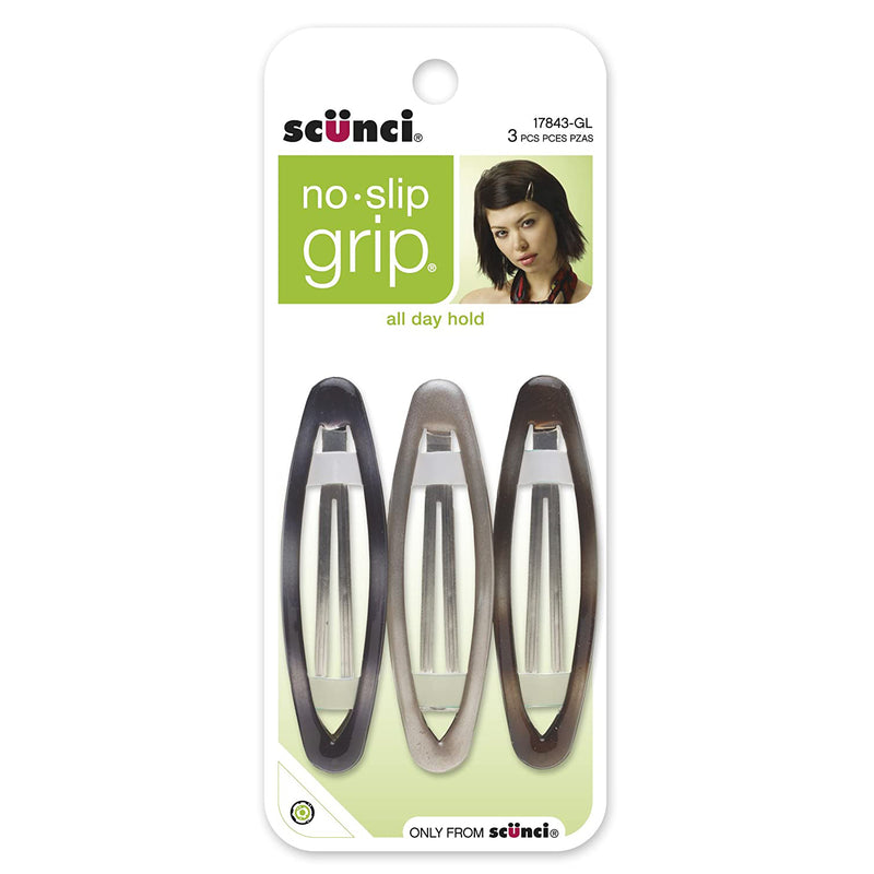 Scunci No-Slip Grip Oval Snap Clips, Assorted Colors, 3 Count