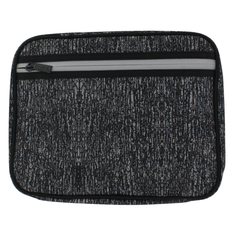 Basics Hanging Travel Organizer with Zipper Pockets and Elastic Storage Loops, Compact Design for Toiletries, Makeup, and Accessories – Black and Gray Pattern