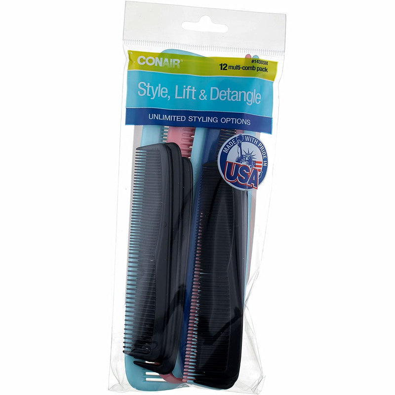 Conair Style, Lift and Detangle Combs, Assorted Colors, 12-Piece Set