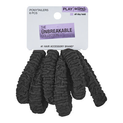 Scunci Play Hybrid Unbreakable Ponytailers, Black, 6-Pieces