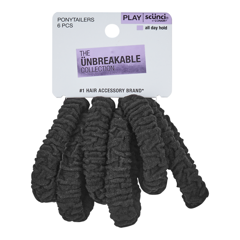 Scunci Play Hybrid Unbreakable Ponytailers, Black, 6-Pieces