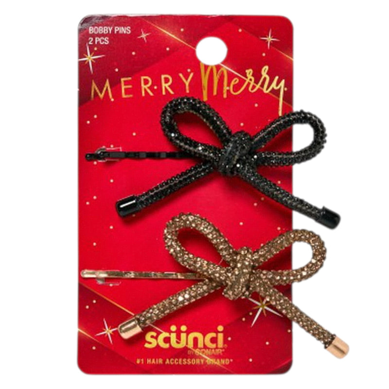 Scunci Merry Glitzy Bow Sparkle Bobby Pins, Black and Gold, 2-Count