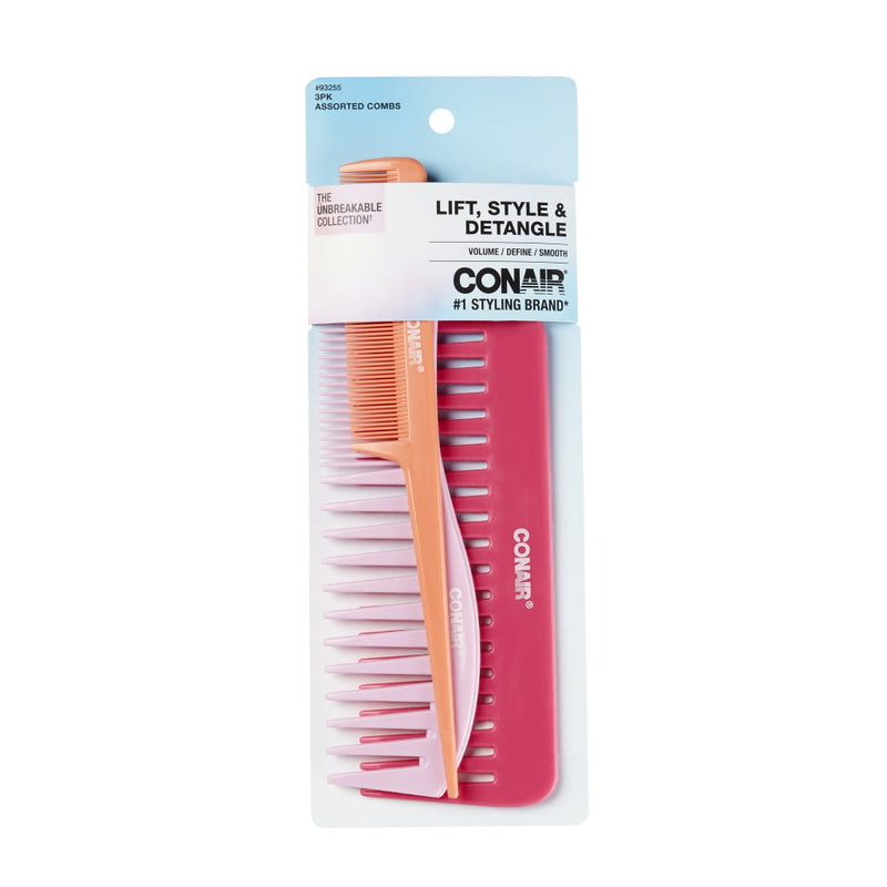 Conair Unbreakable Combs, Lift, Style & Detangle, Multicolor, 3 Count