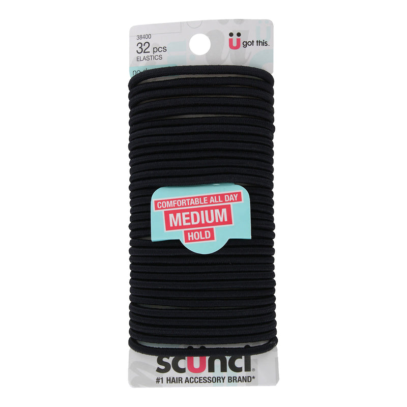 Scunci No-Damage Medium Hold Hair Elastics, Black, 32-Pieces