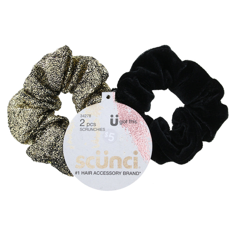 Scunci Scrunchies, Metallic and Black, 2-Piece