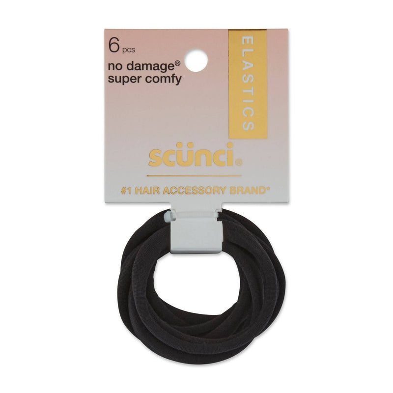 Scunci No Damage Super Comfy Hosiery Ponytailer Hair Tie Elastics, Black, 6-Pieces